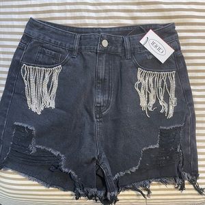 Brand New Black Denim Rhinestone Detail Shorts